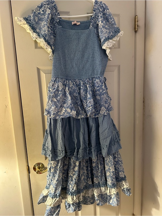 Ivy City Co Dresses & Skirts - Ivy City Co Blue Floral Tiered Dress with Lace Sleeves